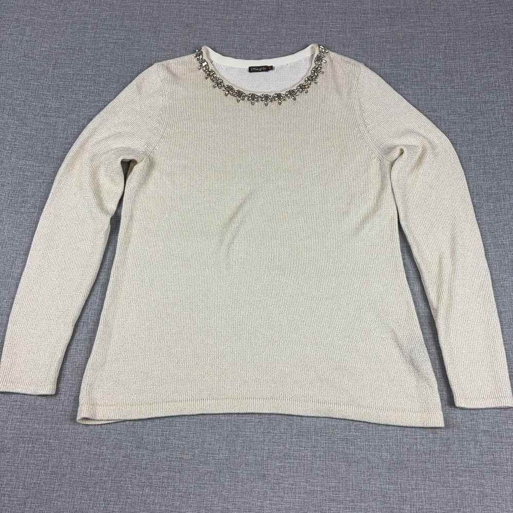 J McLaughlin Sweater Womens M White Jeweled Crew Neck Tight-Knit Pullover